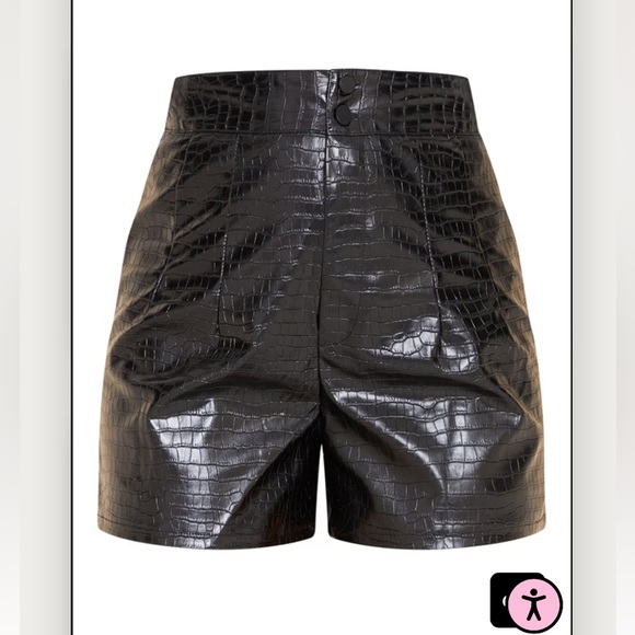 NWOT PrettyLittleThing Black Croc Faux Leather Pleat Detail High Waisted Shorts - Picture 13 of 16